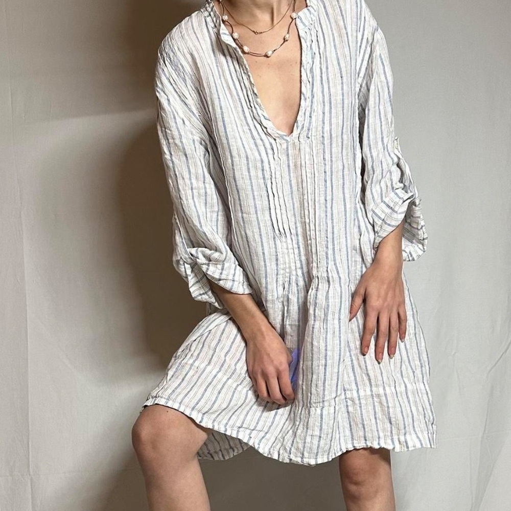 CP SHADES LUXURY LINEN STRIPED SHIRT/DRESS MADE IN USA